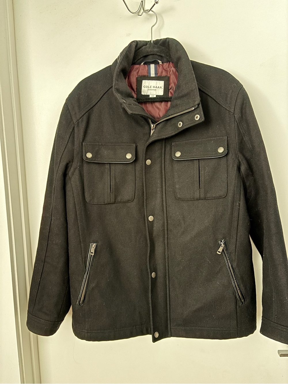 Cole Haan Men's Black Wool Pea Coat with Burgundy Lining In Coat & Sleeves